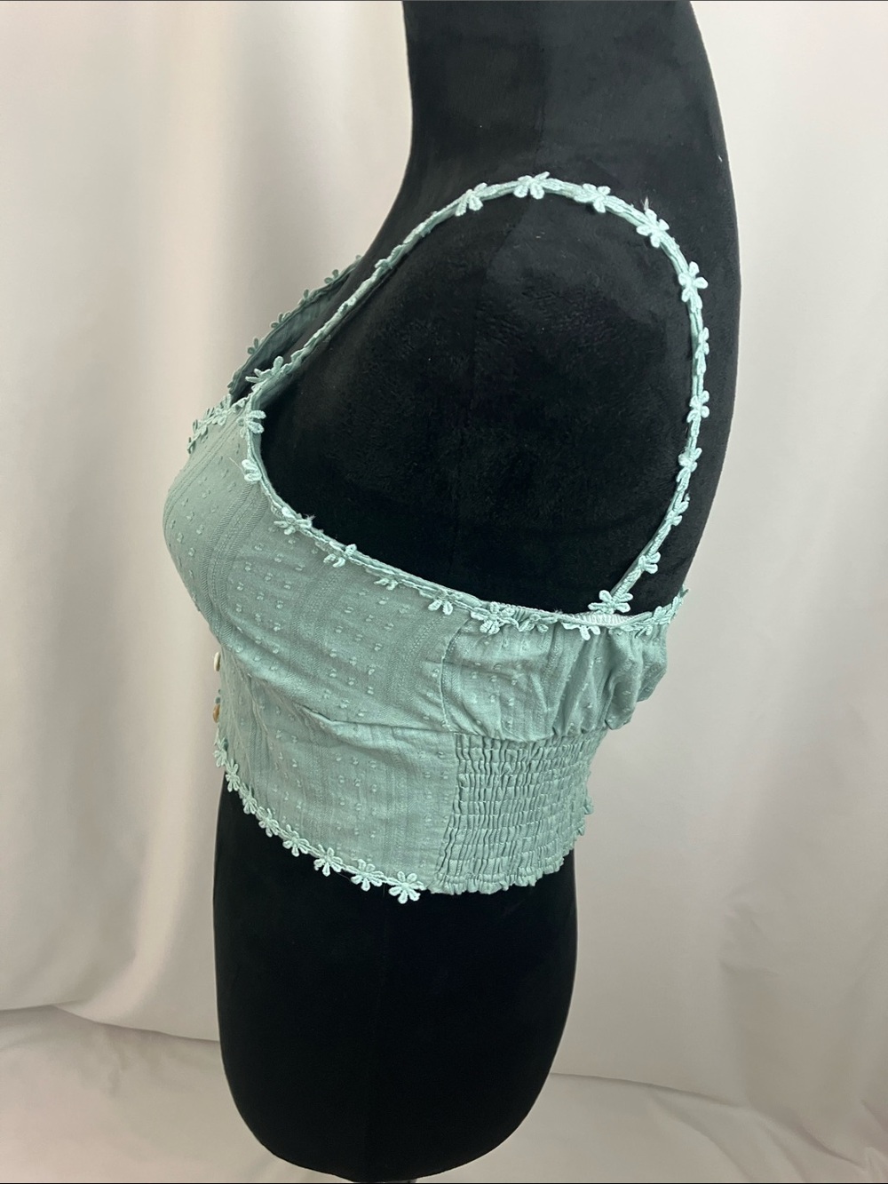 Mint Green Floral Trim Cropped Button Front Top Woman’s Size Small - Picture 3 of 6